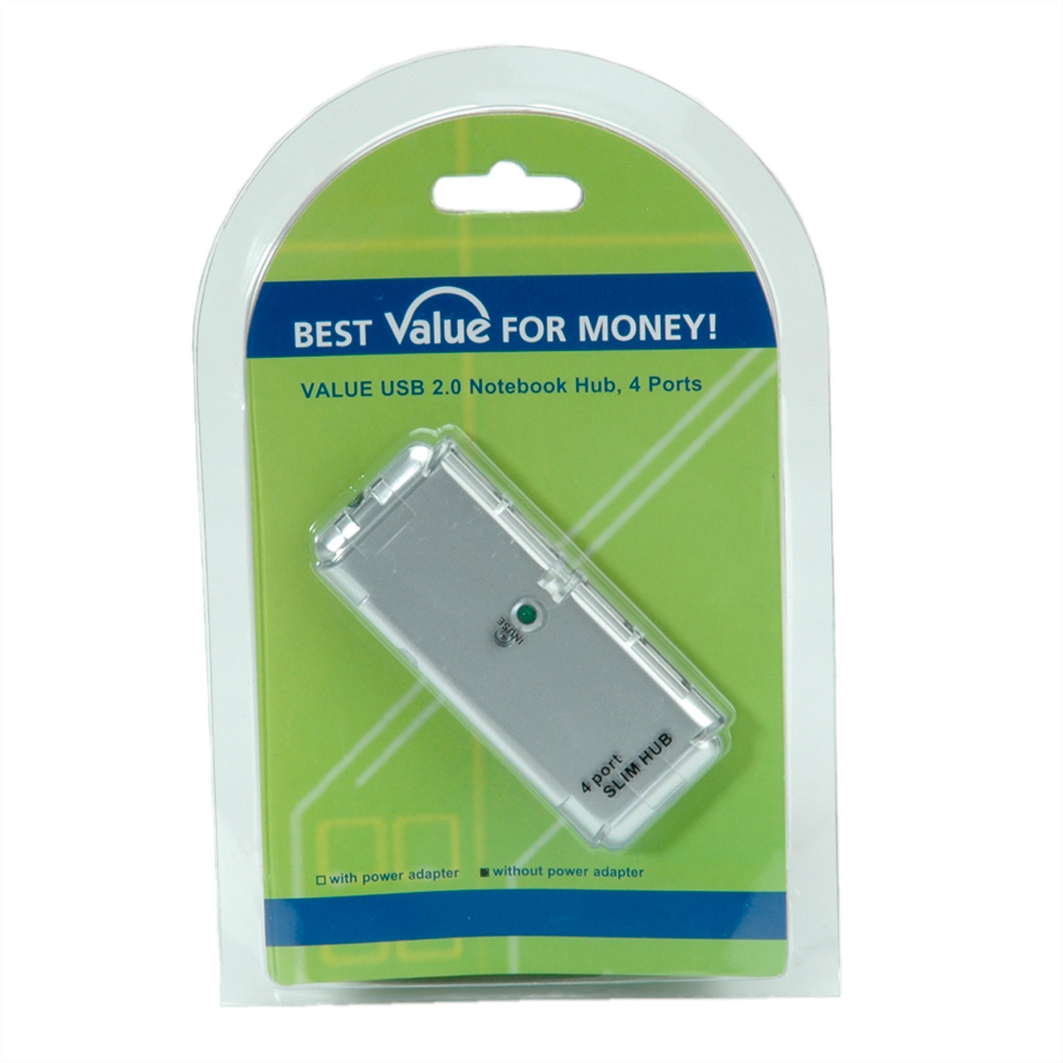 USB-Hub in einer durchsichtigen Plastikverpackung mit dem Text 'Best Value for Money!' und '4 port Slim Hub'.
