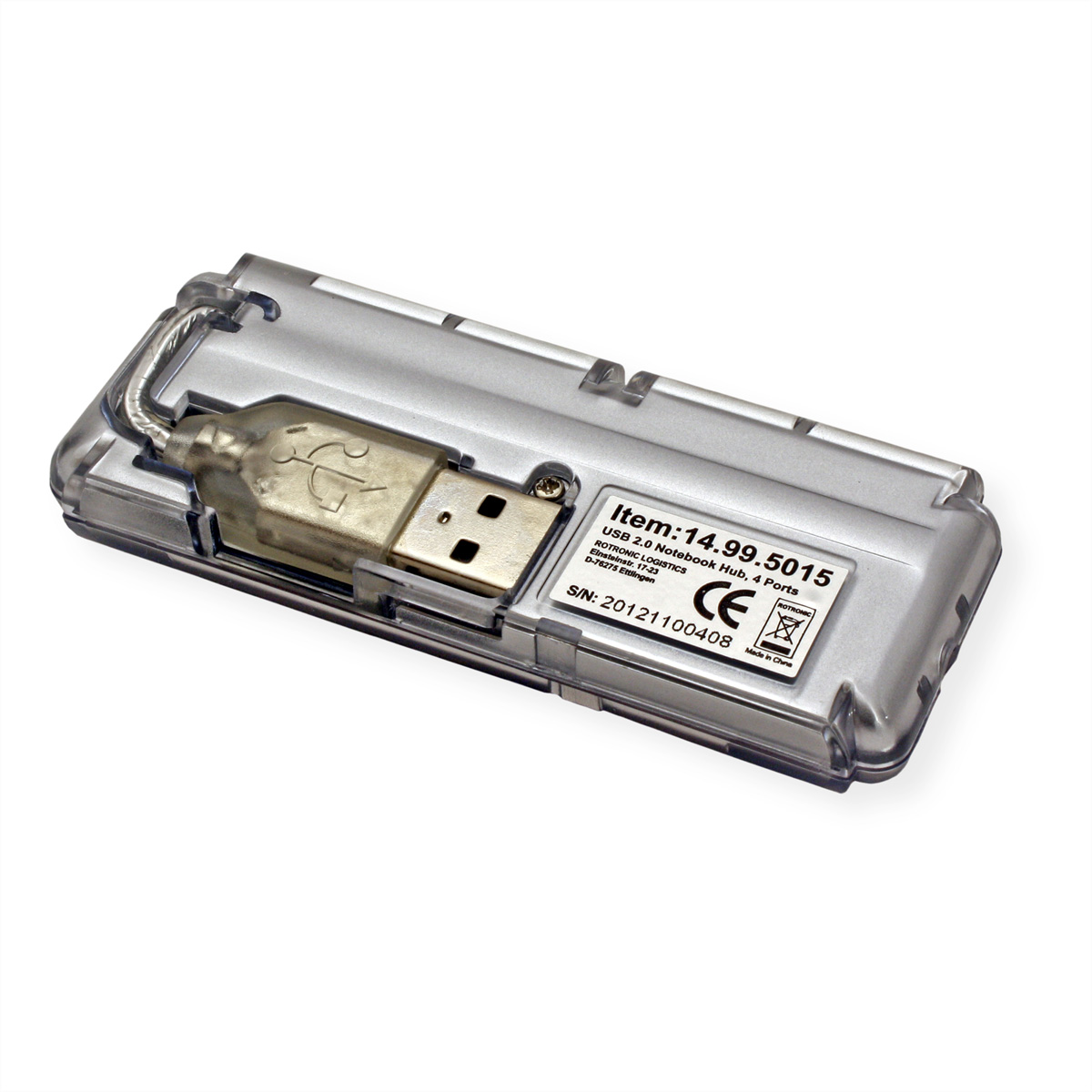 Transparenter USB-Hub mit USB-Anschluss. Text: USB 2.0 Notebook Hub, 4 Ports.