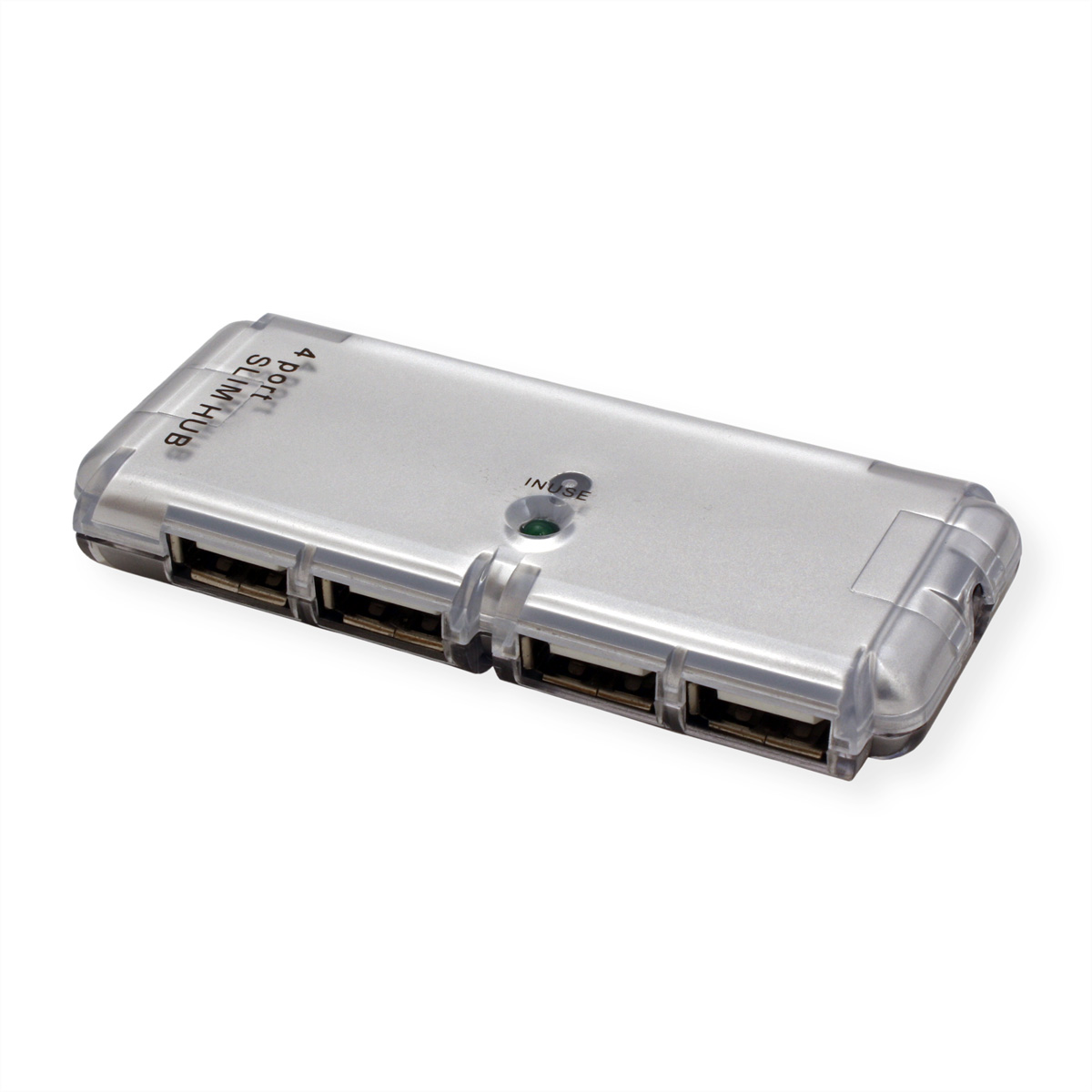 Silberner 4-Port-USB-Hub mit einem durchsichtigen Kunststoffende. Er liegt auf einer weißen Oberfläche.
