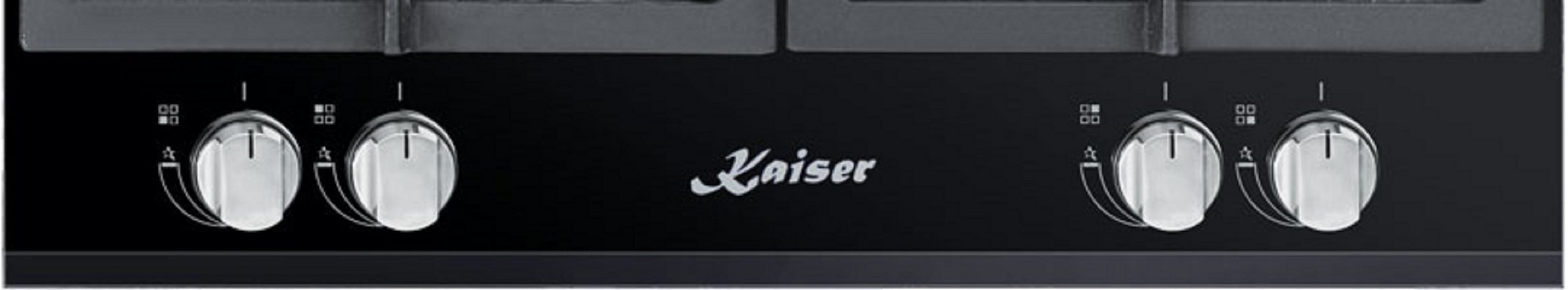 Schwarzes Kochfeld mit Kaiser-Logo und vier Bedienknöpfen.