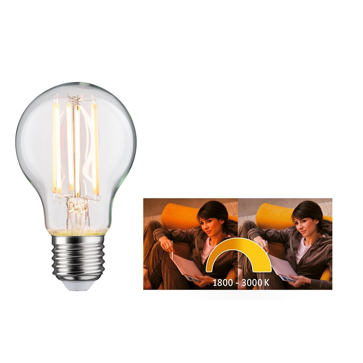 Żarówka, z czytającą kobietą. Pokazuje zakres temperatur barwowych: 1800-3000K.