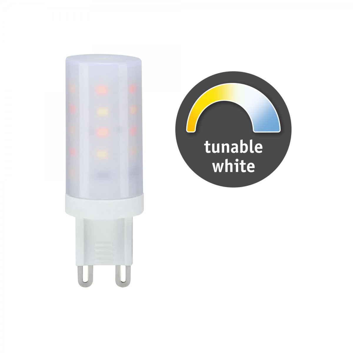 LED-Glühbirne mit dem Text "tunable white" und einer Farbtemperaturanzeige.