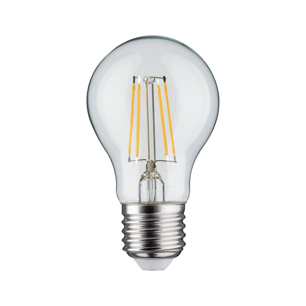 Lampadina trasparente con filamenti arancioni e base argentata.