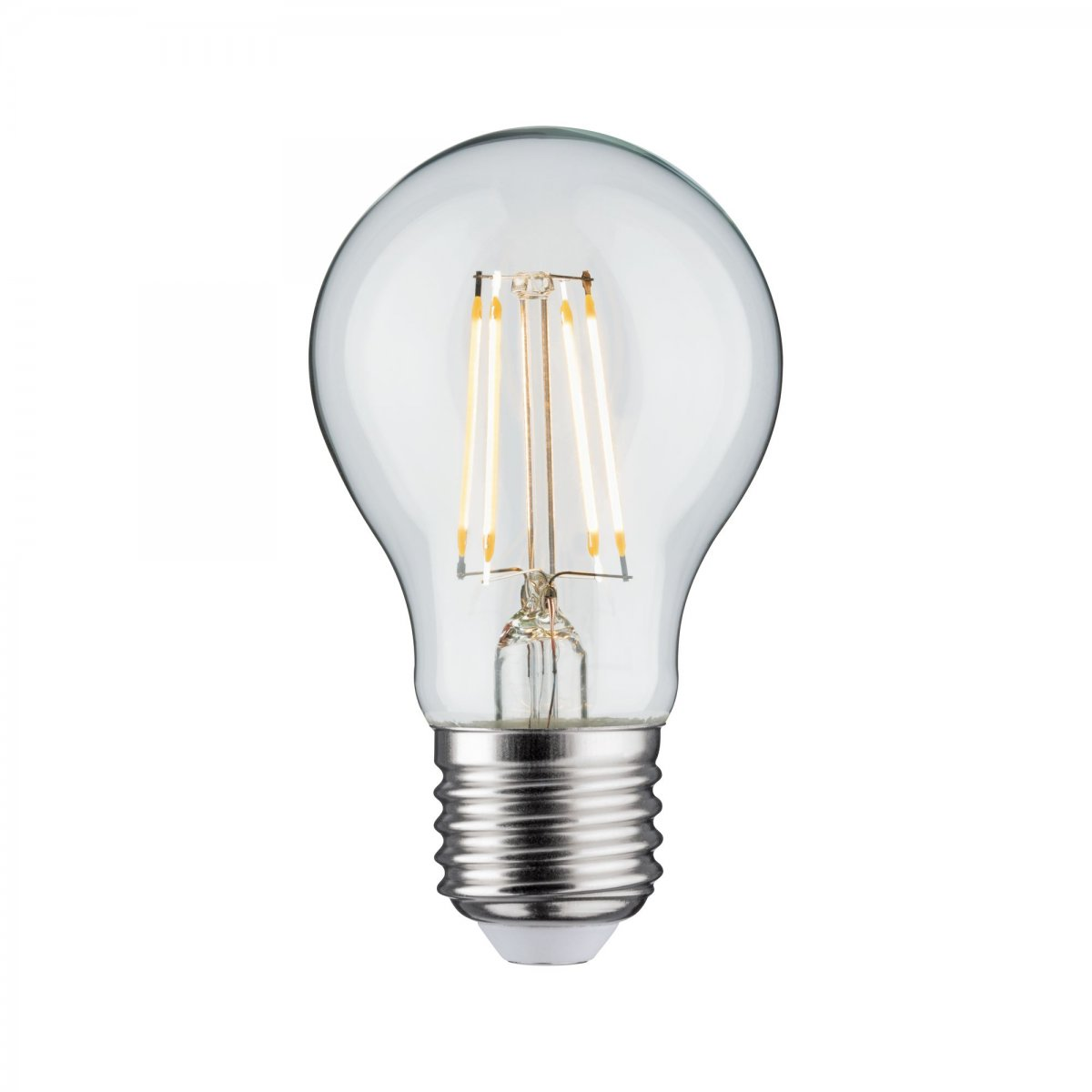 Lampadina di vetro trasparente con base argentata, che mostra i filamenti all'interno.
