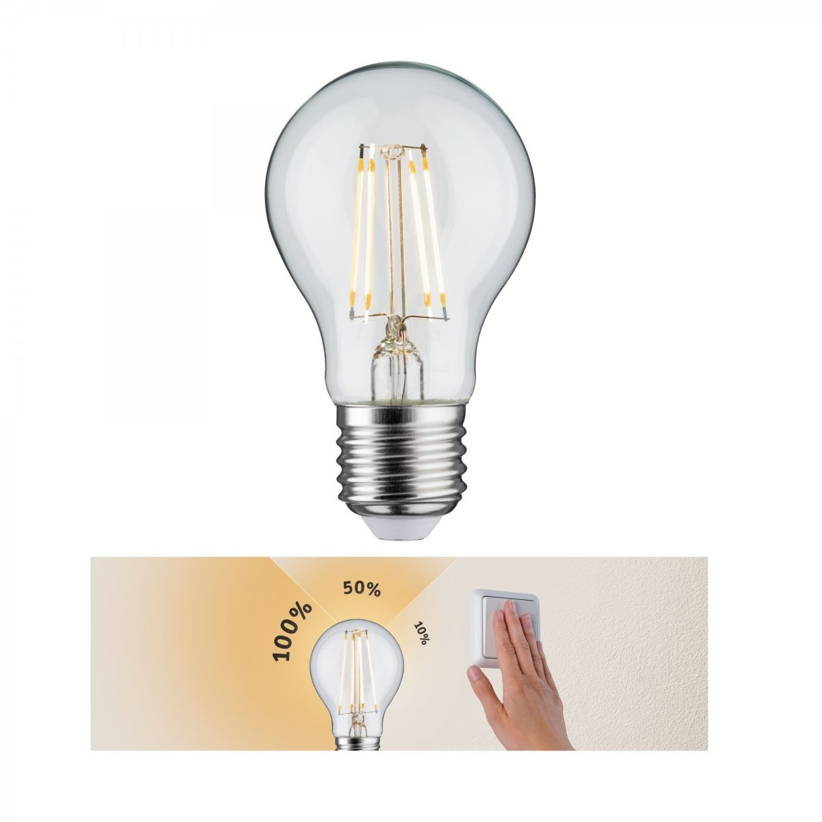 Una lampadina trasparente con filamenti interni. Sotto, un interruttore e indicatori di livello.