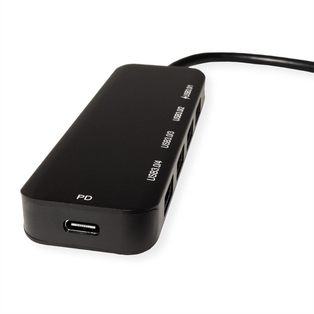 Ein schwarzer USB-Hub mit mehreren USB 3.0-Anschlüssen und einem PD-Anschluss liegt auf weißer Oberfläche. Schlankes Design.