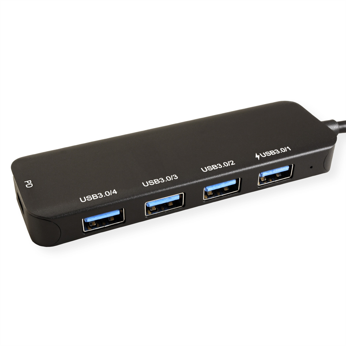 Schwarzer USB-Hub mit vier USB 3.0-Anschlüssen. Beschriftet mit USB3.0/1, USB3.0/2, USB3.0/3 und USB3.0/4.