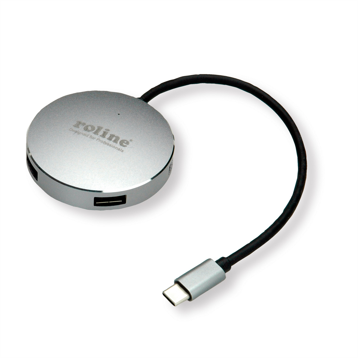 Silberner USB-C-Hub. Er ist rund, mit USB-Anschlüssen und einem schwarzen Kabel mit USB-C-Anschluss.