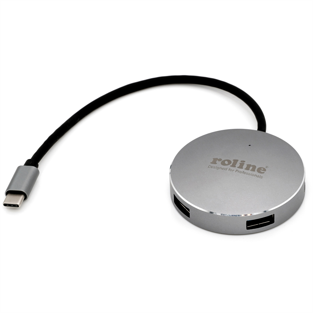 Ein silberner USB-Hub mit 4 Anschlüssen und einem schwarzen Kabel. Er ist mit 'roline' beschriftet.