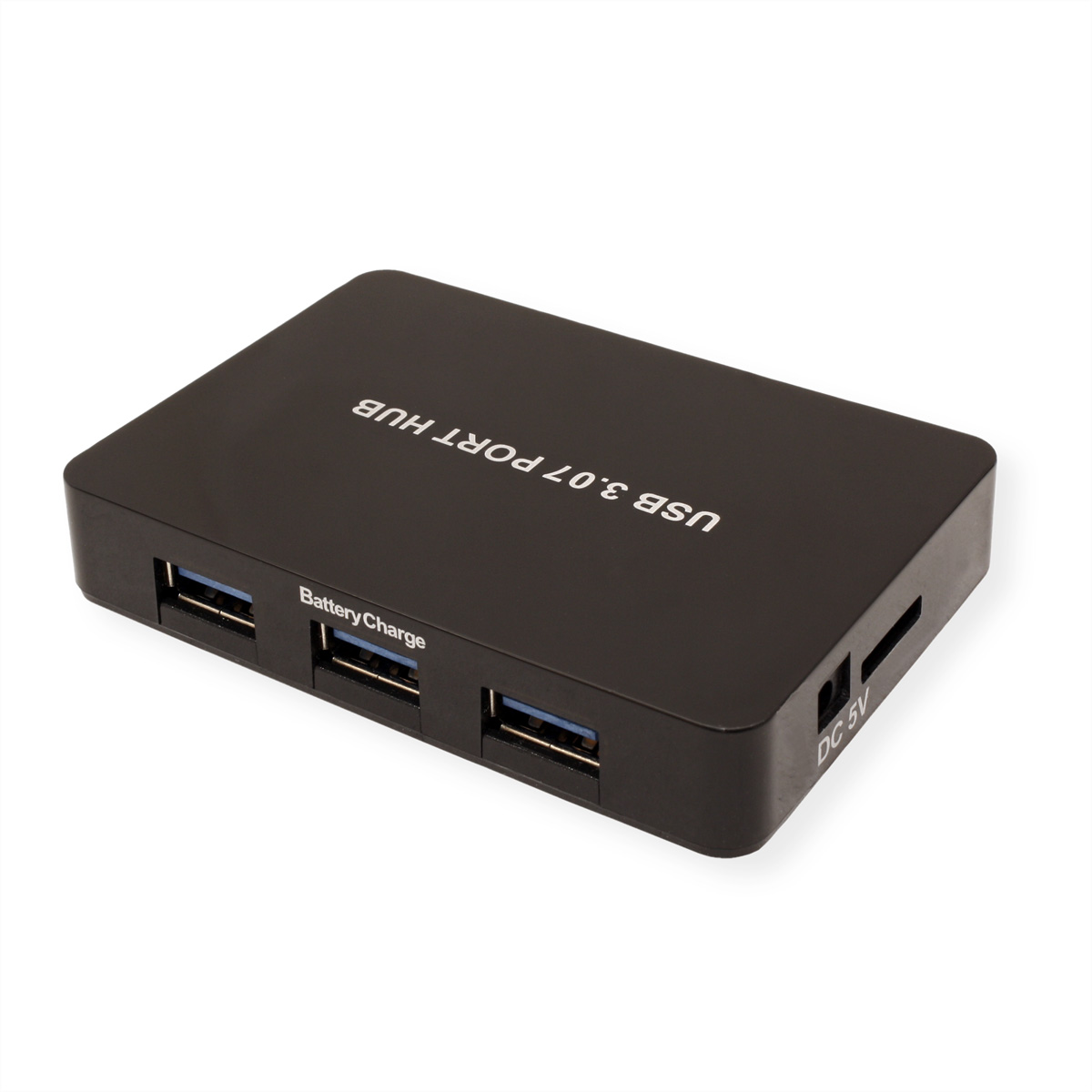 Schwarzer USB 3.0-Port-Hub mit vier Anschlüssen und einem SD-Kartensteckplatz. Text lautet "USB 3.0 PORT HUB".