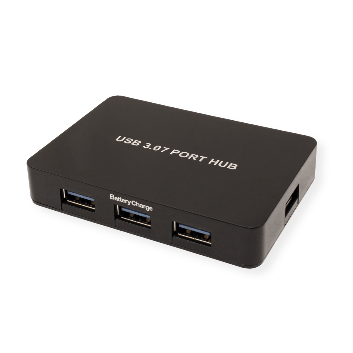 Ein schwarzer USB 3.0-Port-Hub mit 3 Anschlüssen und einem Etikett.