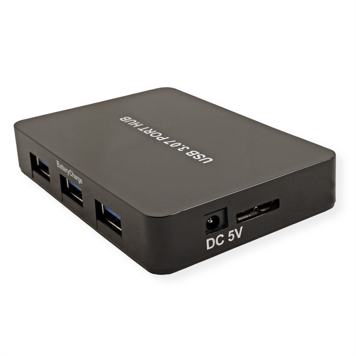 Ein schwarzer USB 3.0-Port-Hub mit mehreren USB-Anschlüssen und einem DC 5V-Eingang sowie einem Micro-SD-Kartensteckplatz.