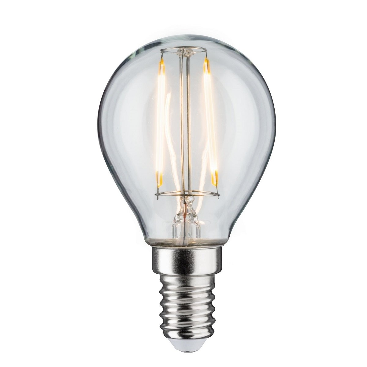 Przezroczysta żarówka z srebrną podstawą. Dwa pionowe żarniki. Białe tło.