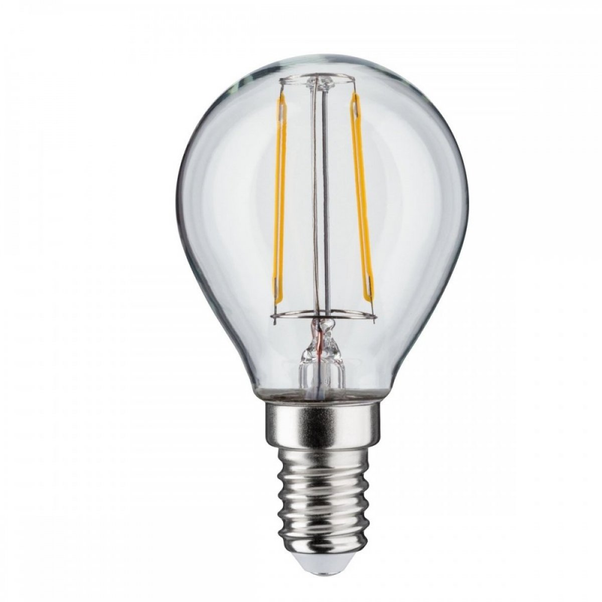 Zbliżenie przezroczystej żarówki z dwoma żółtymi włóknami. Podstawa żarówki jest srebrna.