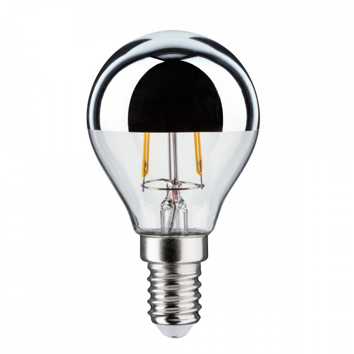 Una lampadina cromata con bulbo trasparente, che mostra il filamento interno e la base.