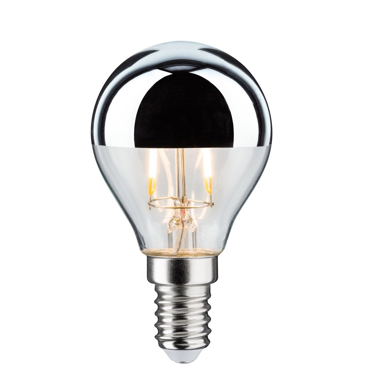 Lampadina trasparente con parte superiore riflettente e base argentata.