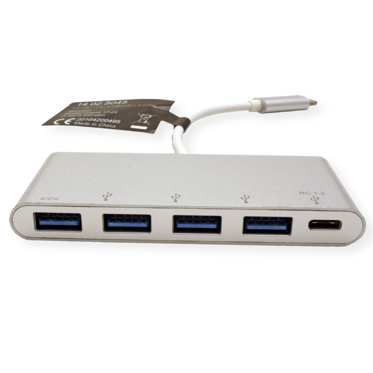 Silberner USB-Hub mit vier USB-Anschlüssen und einem USB-C-Anschluss.