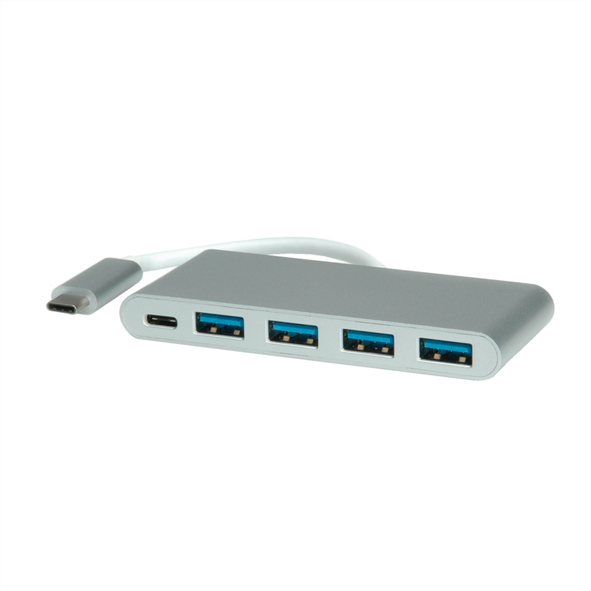 Silberner USB-Hub mit 4 Anschlüssen und einem USB-C-Anschluss auf weißem Grund.
