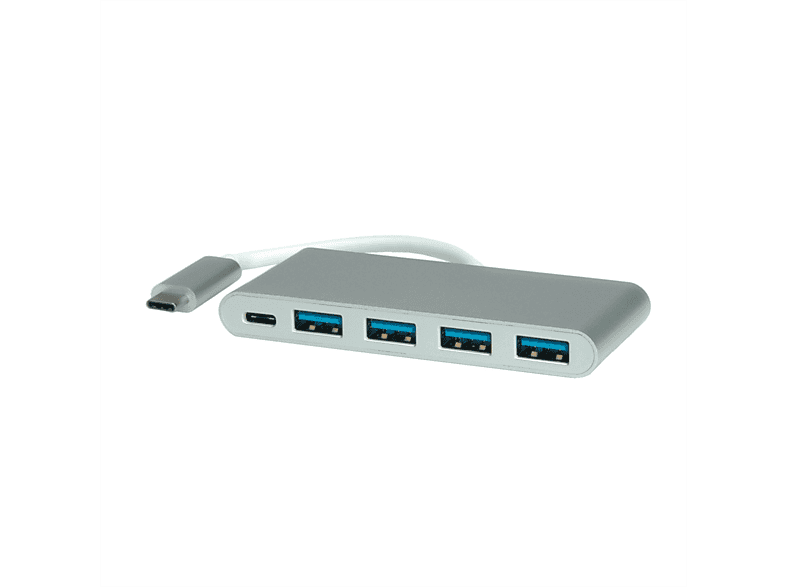 ROLINE USB 3.2 Gen 1 Hub, 4fach, Typ C Anschlusskabel, mit 1 PD-Port, USB Hub, silberfarben