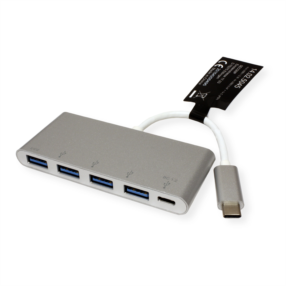 ROLINE USB Typ Hub, Hub, 4fach, C PD-Port, mit silberfarben 3.2 USB 1 Anschlusskabel, Gen 1