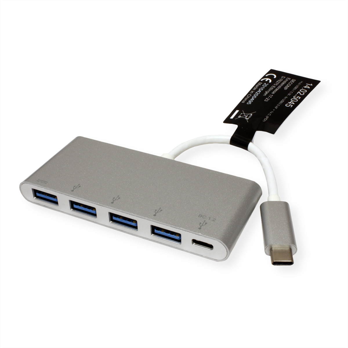 Ein silberner USB-Hub mit vier Anschlüssen, einem USB-C-Anschluss und einem angebrachten Etikett.