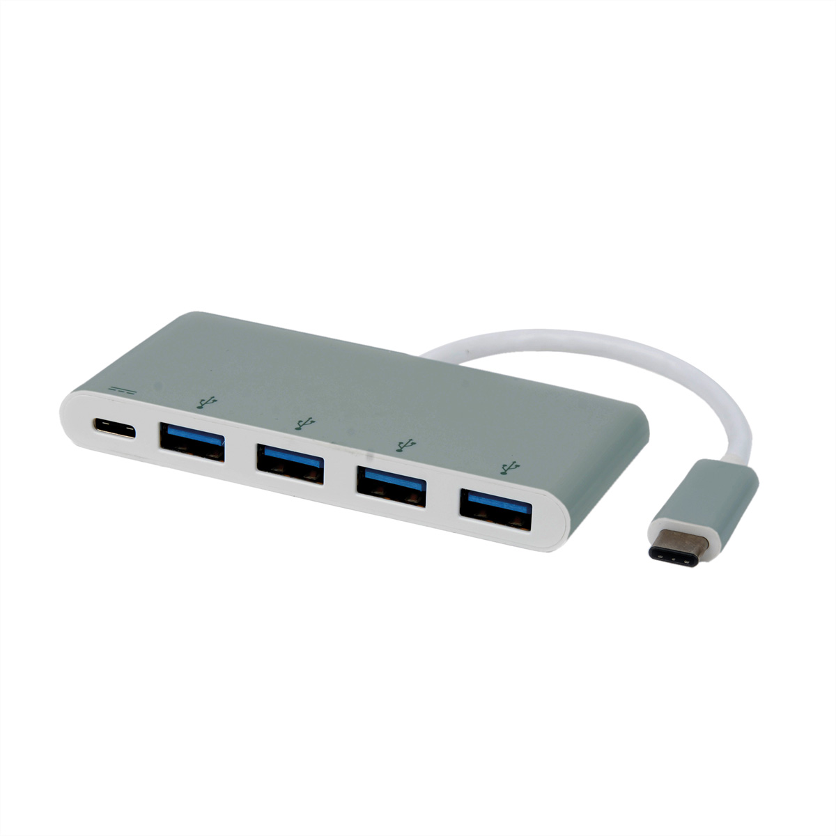 Ein grauer USB-Hub mit 4 USB-Anschlüssen und einem weißen USB-C-Kabel.