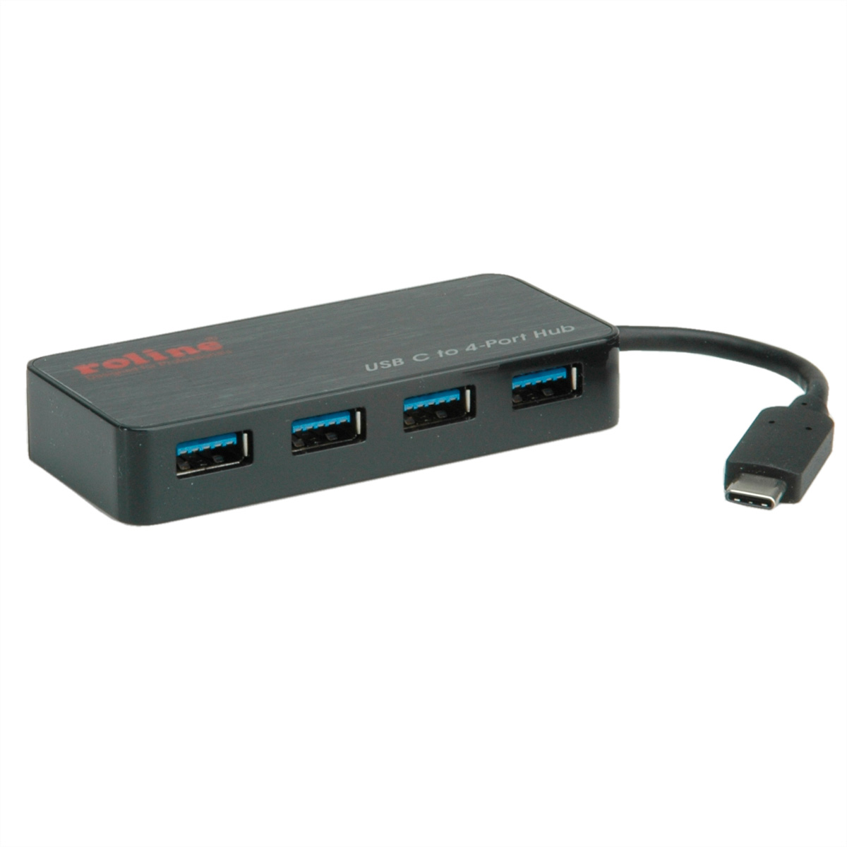 Ein schwarzer USB-Hub mit vier USB-Anschlüssen und einem USB-C-Kabel, beschriftet mit 'roline'.