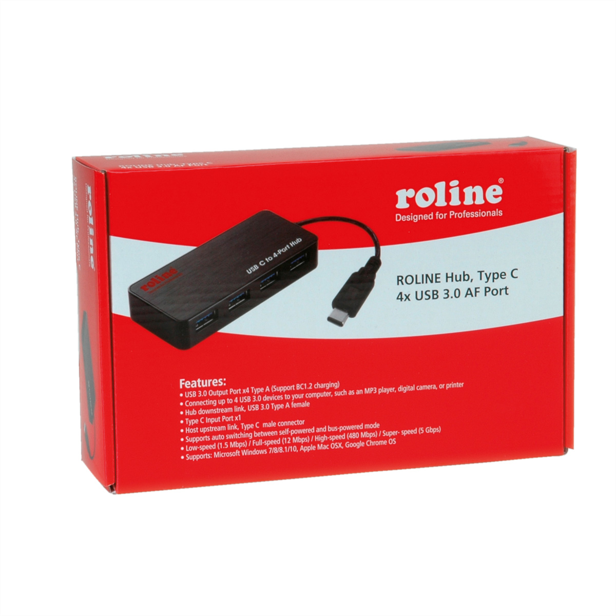 Eine rote Box mit einem schwarzen USB-Hub und einer Funktionsbeschreibung. Weißer Hintergrund.