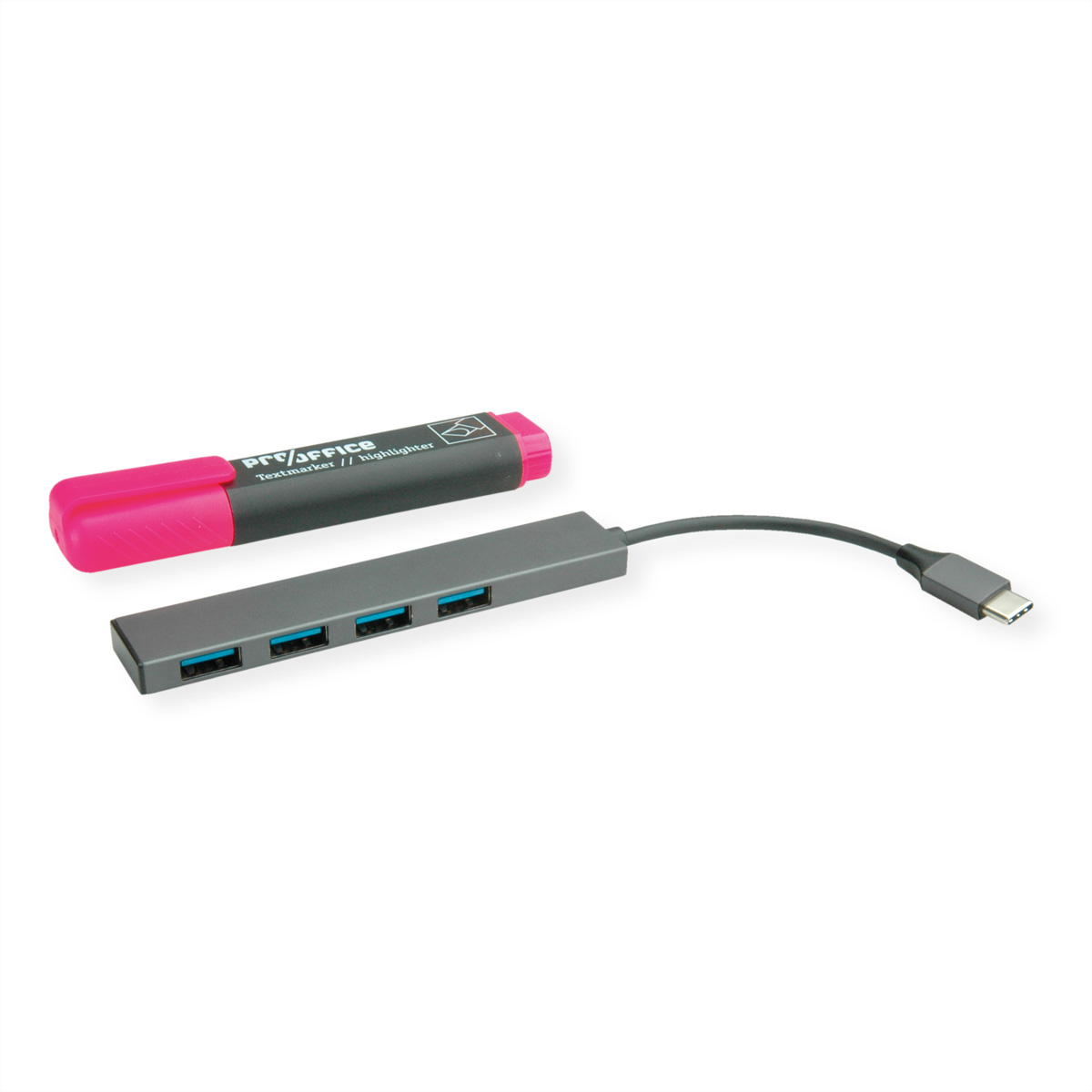 Ein rosa Textmarker und ein grauer USB-Hub mit vier Anschlüssen und einem USB-C-Kabel.