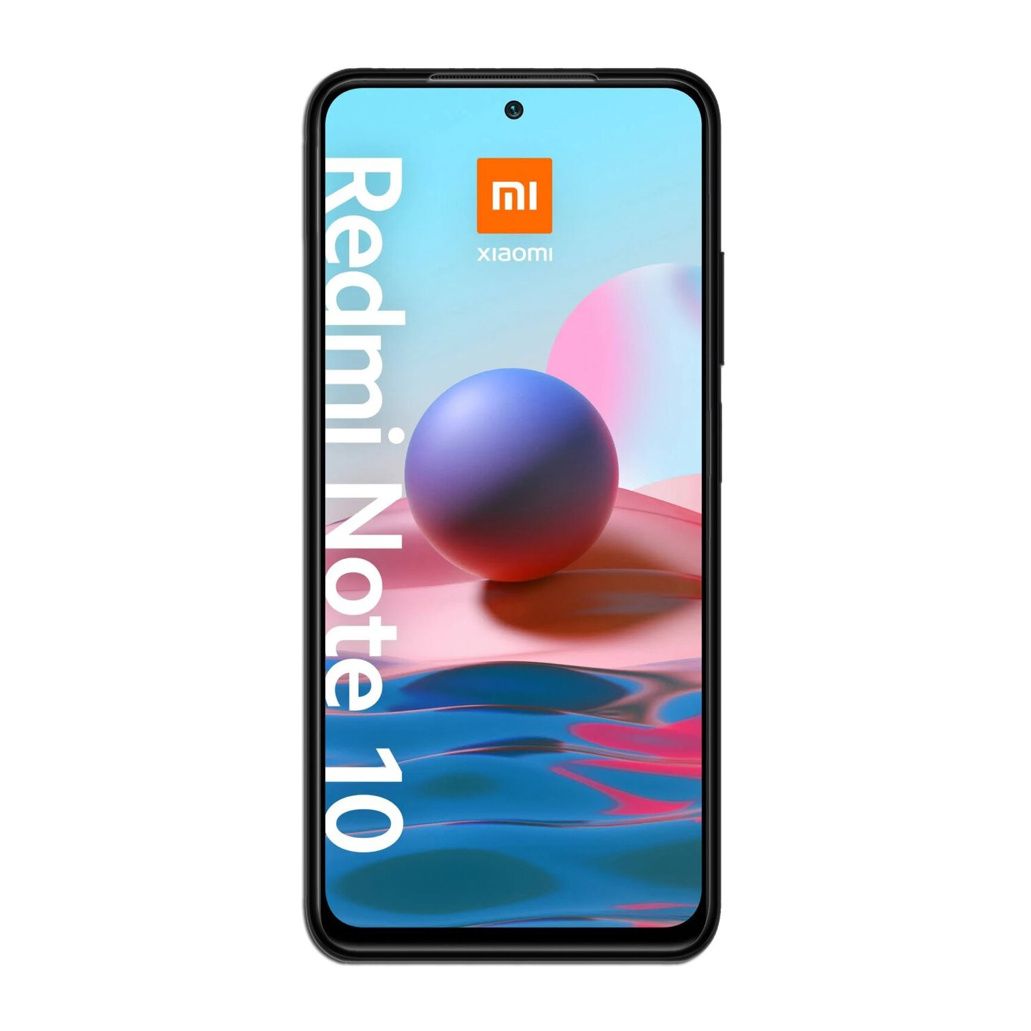 Xiaomi Redmi Note 10 Smartphone auf Weiß. Bildschirm zeigt eine 3D-Kugel.