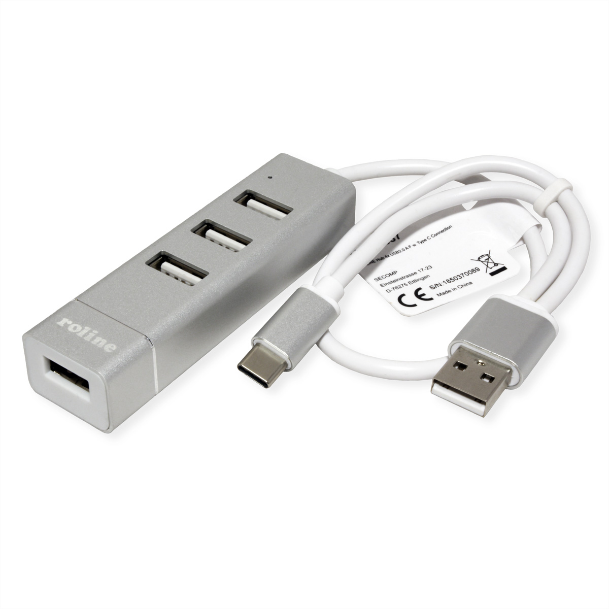 Silberner USB-Hub mit drei Anschlüssen, einem USB-C- und einem USB-A-Kabel.