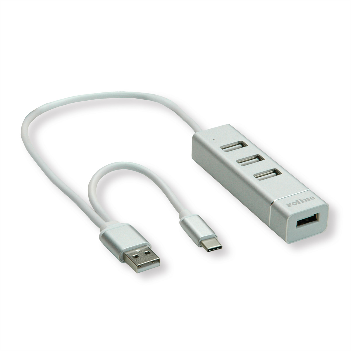 Silberner USB-Hub mit drei Anschlüssen und zwei Kabeln. Weißer Hintergrund.