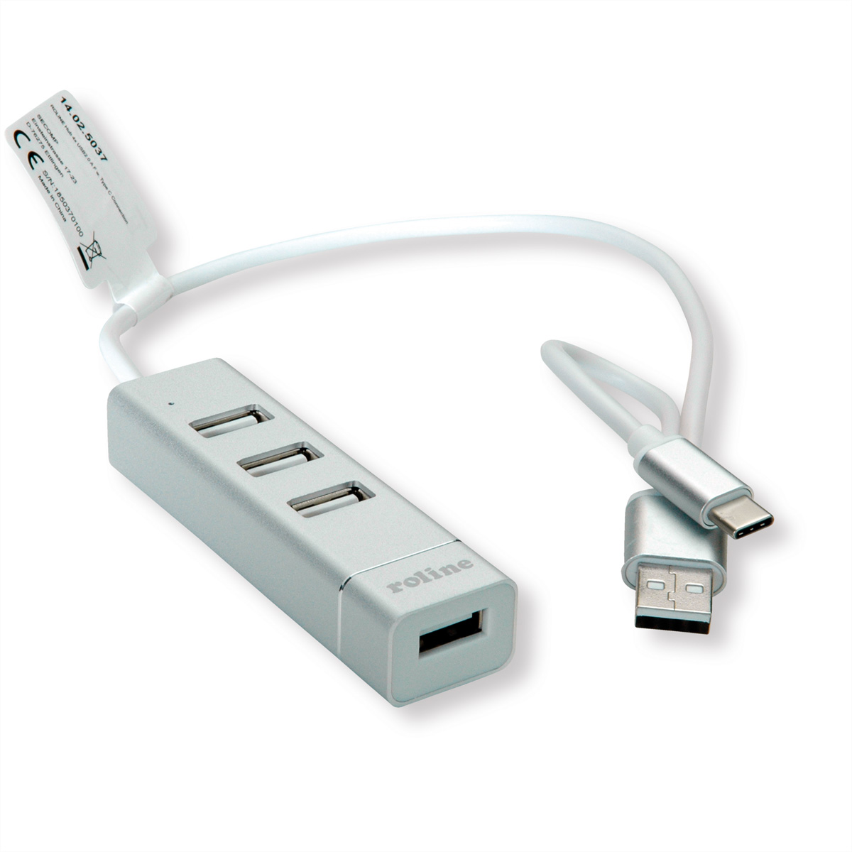 Ein silberner USB-Hub mit drei Anschlüssen und einem USB-C-Kabel, vor weißem Hintergrund.
