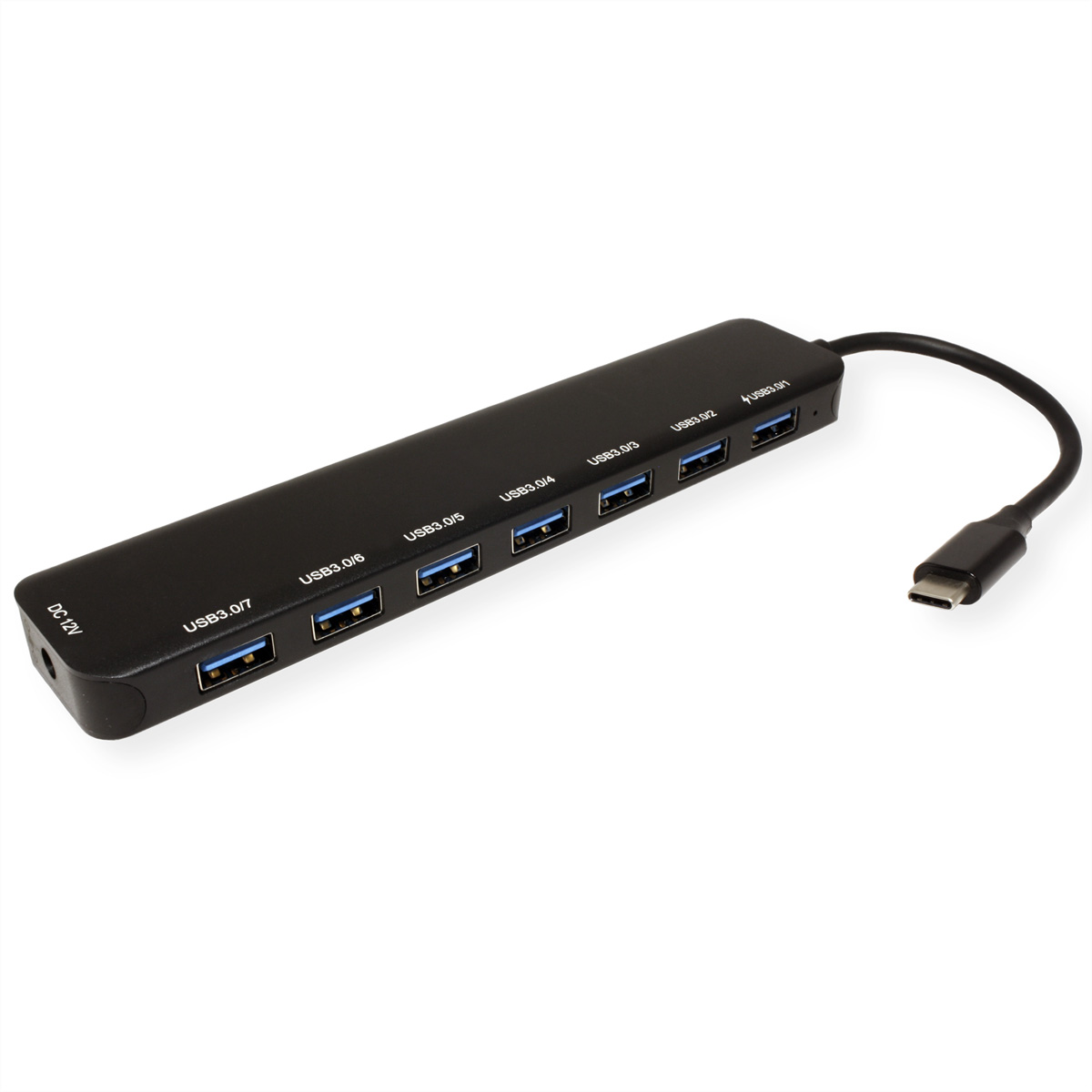 Schwarzer USB-Hub mit sieben USB 3.0-Anschlüssen und einem USB-C-Kabel, auf weißem Hintergrund.