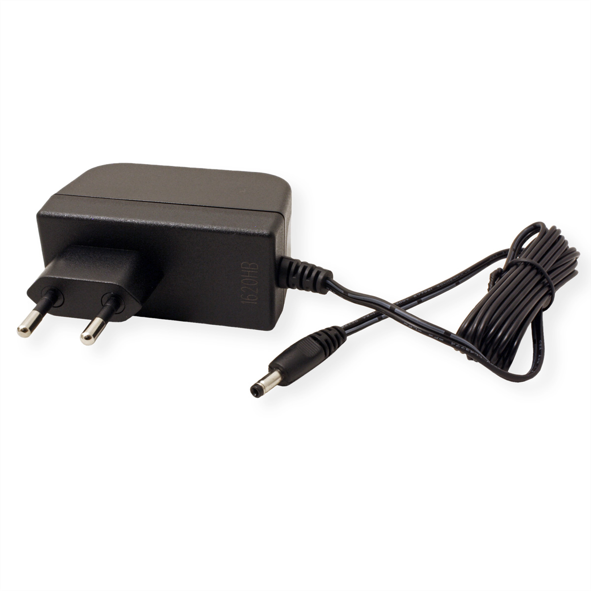 Schwarzes Netzteil mit Eurostecker und zwei Kabeln. Ein Kabel ist aufgerollt.