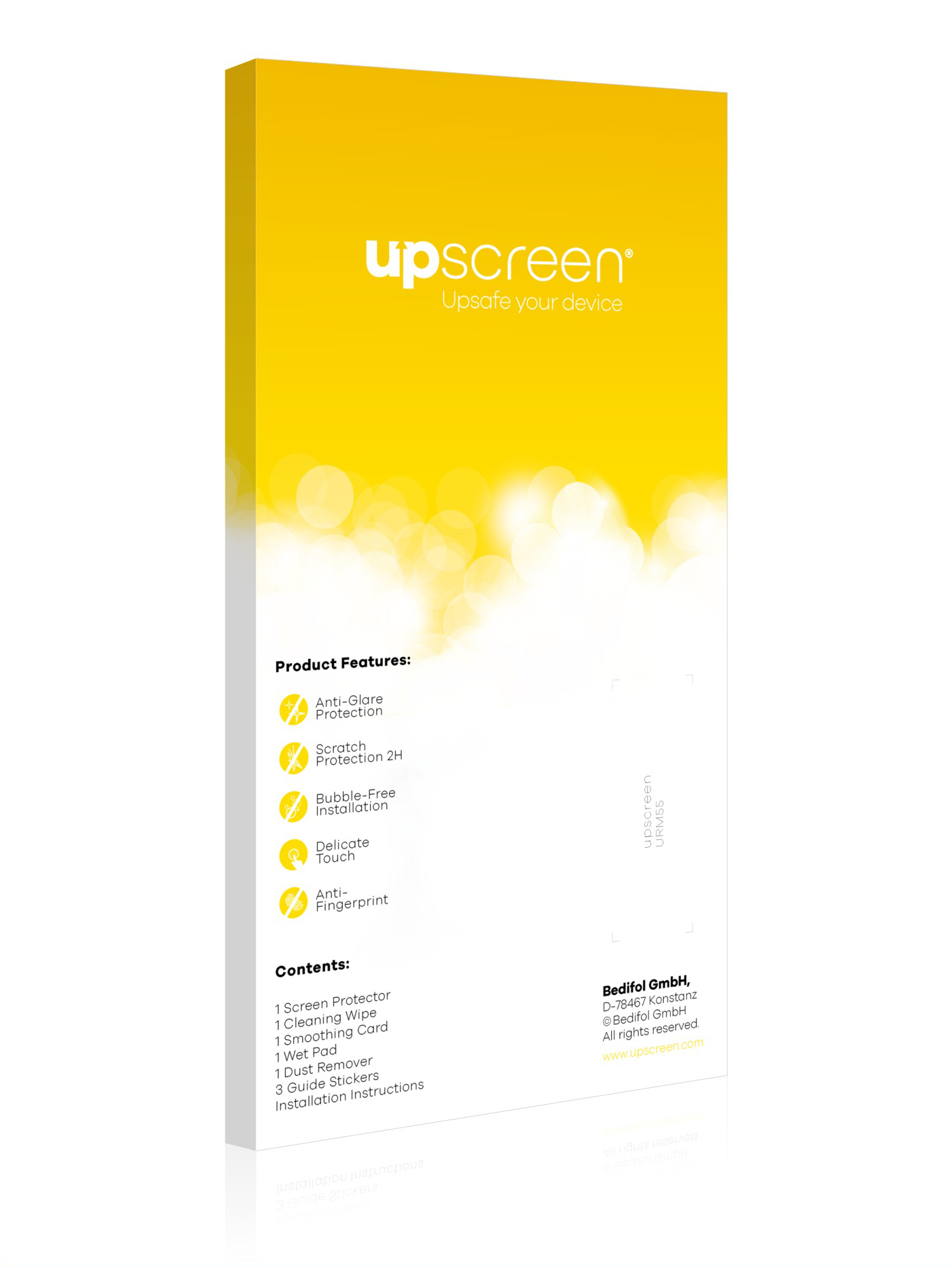 Gelbe Box mit Produktmerkmalen und Inhalt, mit dem Markennamen "upscreen" und weißem Hintergrund.