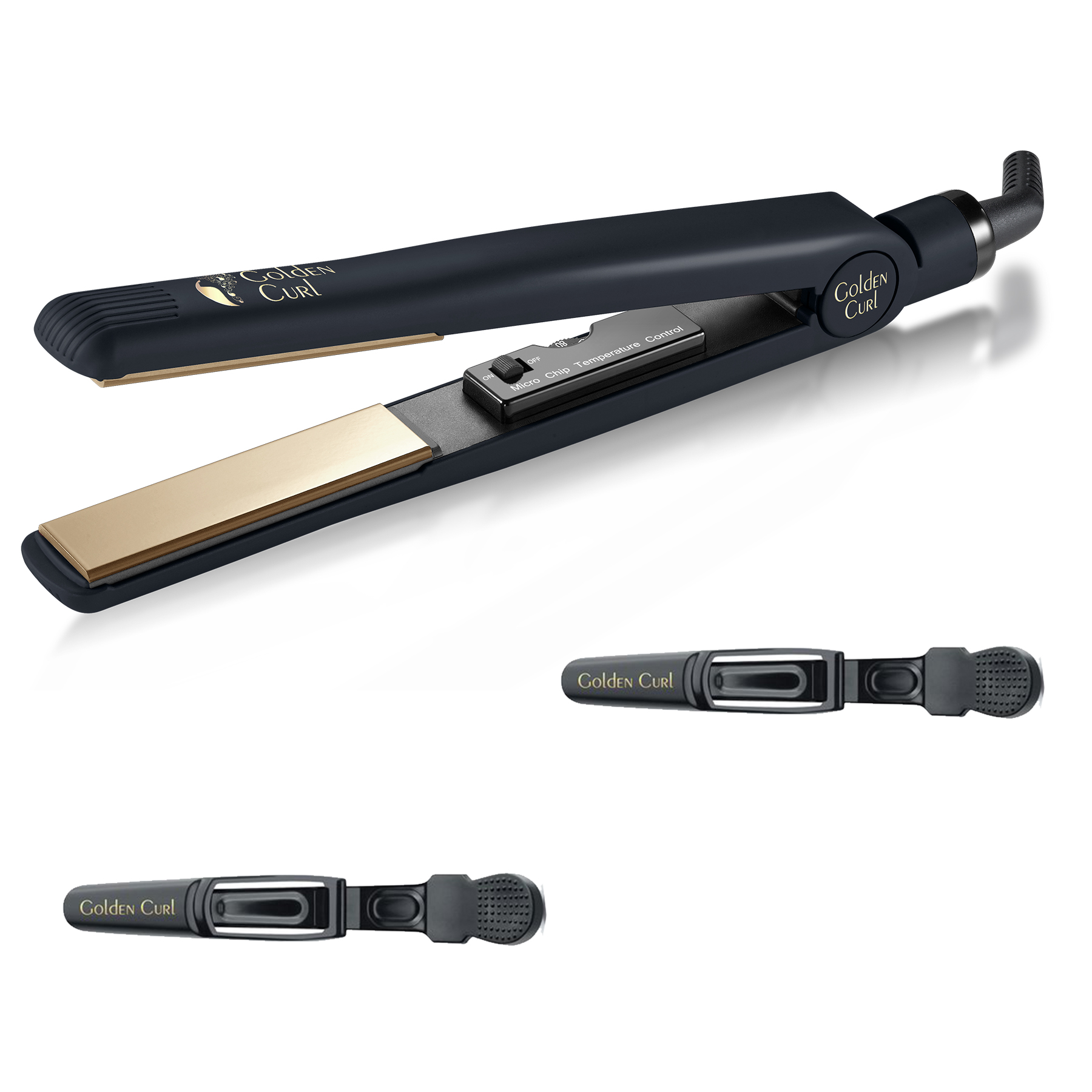 Schwarzer Haarglätter und zwei Haarspangen, alle mit der Aufschrift 'Golden Curl'.