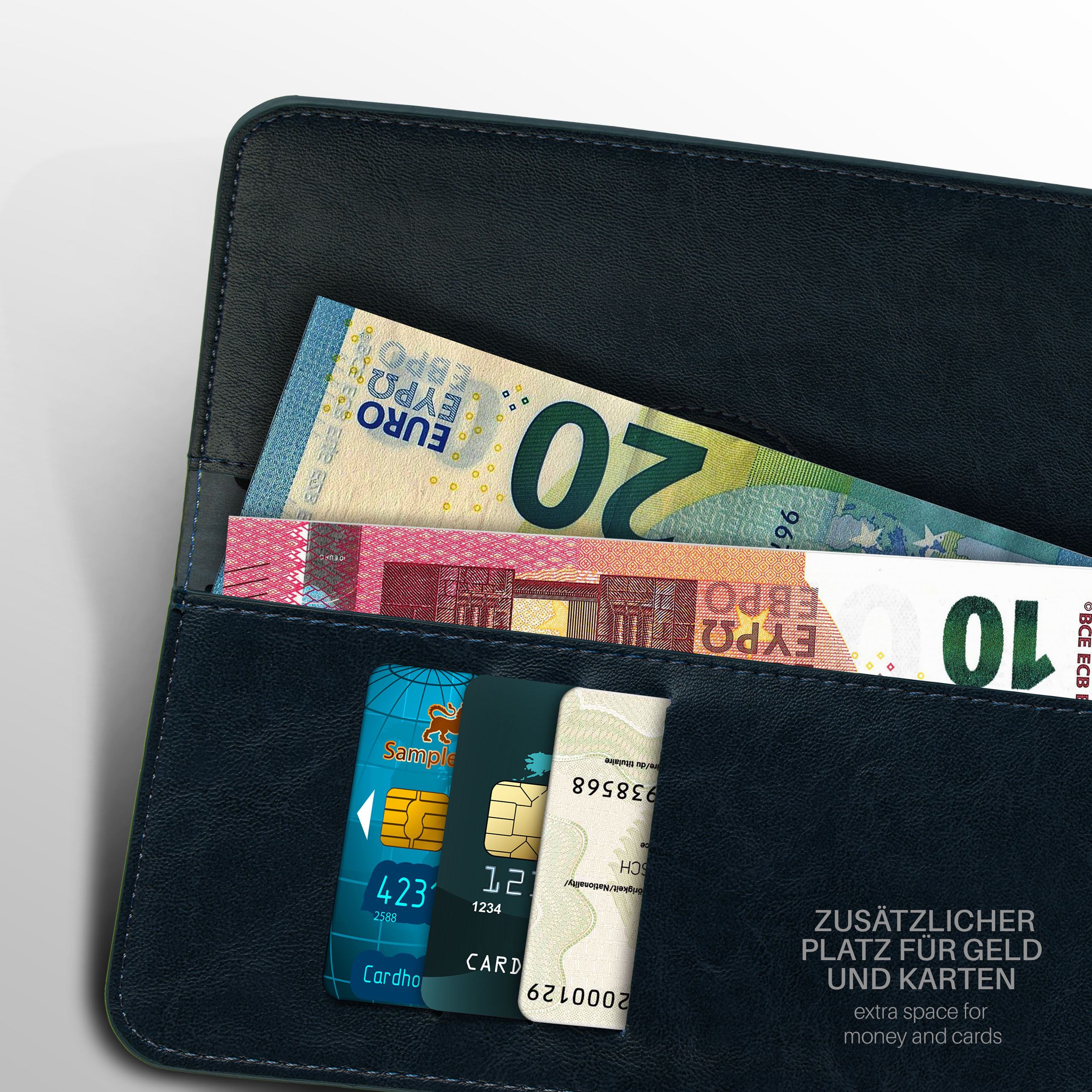 Geldbörse mit sichtbarem Geld und Karten. Euro-Banknoten und Kreditkarten. Heller Hintergrund.
