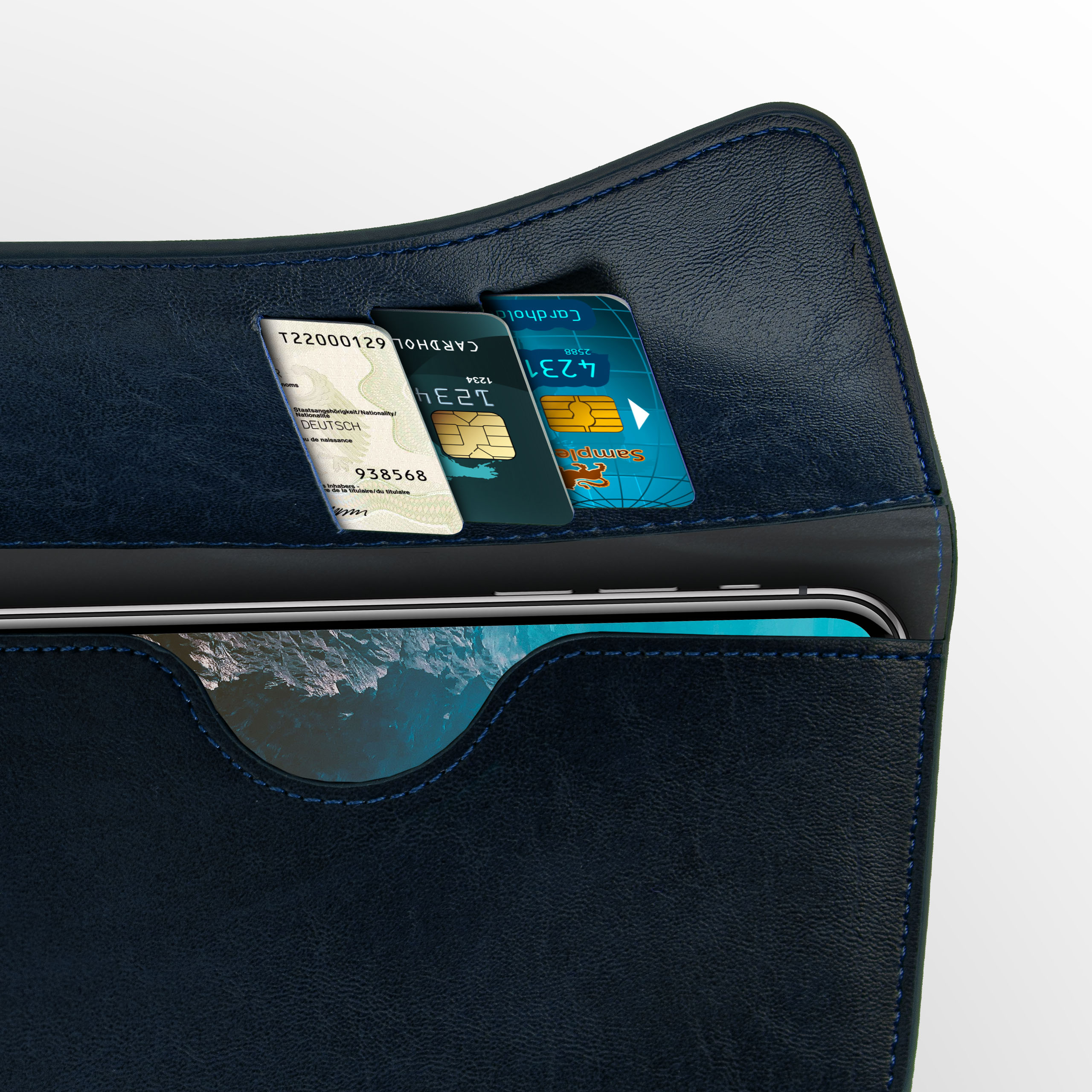 Eine blaue Leder-Handyhülle mit Kartenfächern. Karten sind im Inneren der Hülle sichtbar.