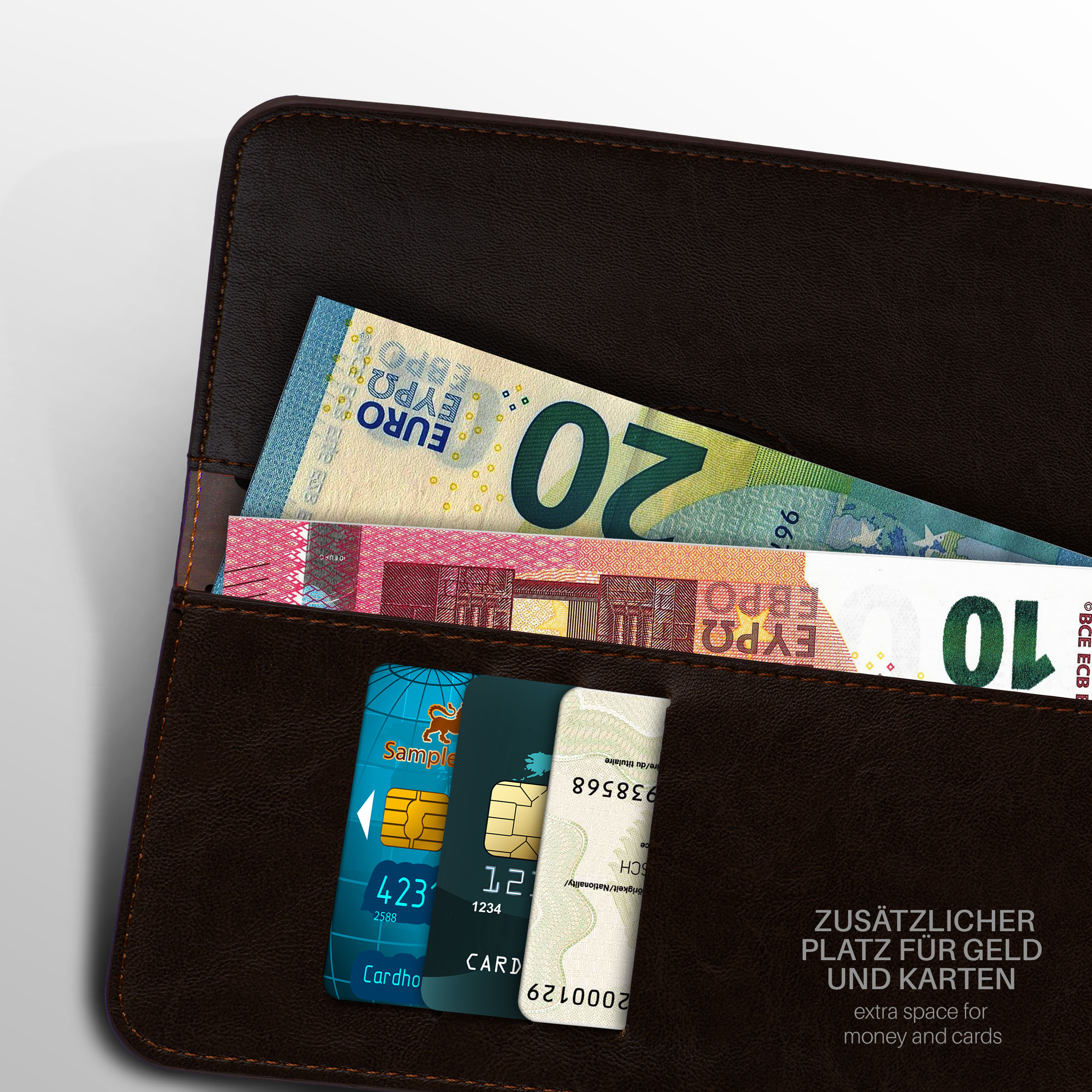 Geldbörse mit Geld und Kreditkarten, Text: Extra Platz für Geld und Karten.