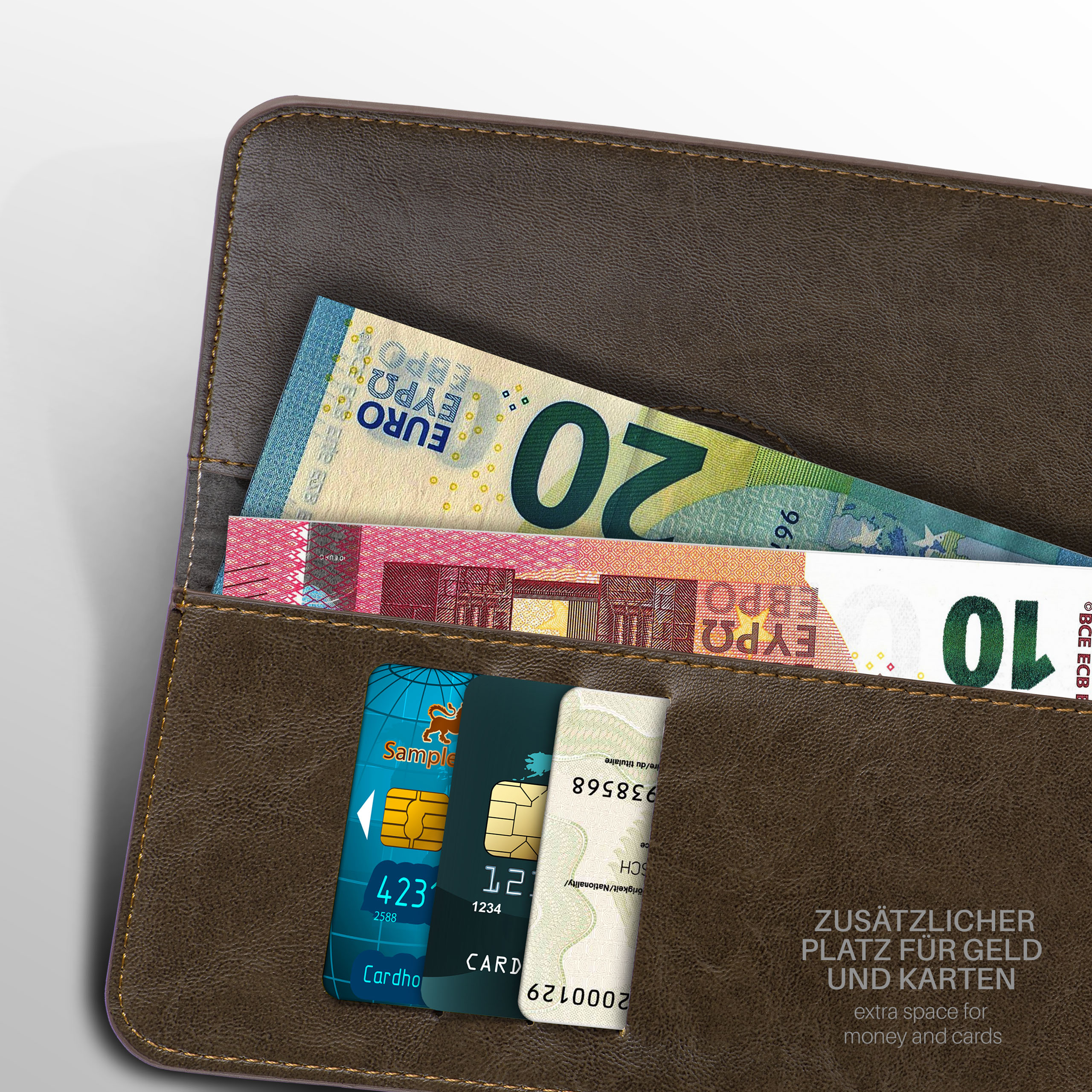 Offene braune Geldbörse mit Geld und Karten, Text: extra Platz für Geld und Karten.
