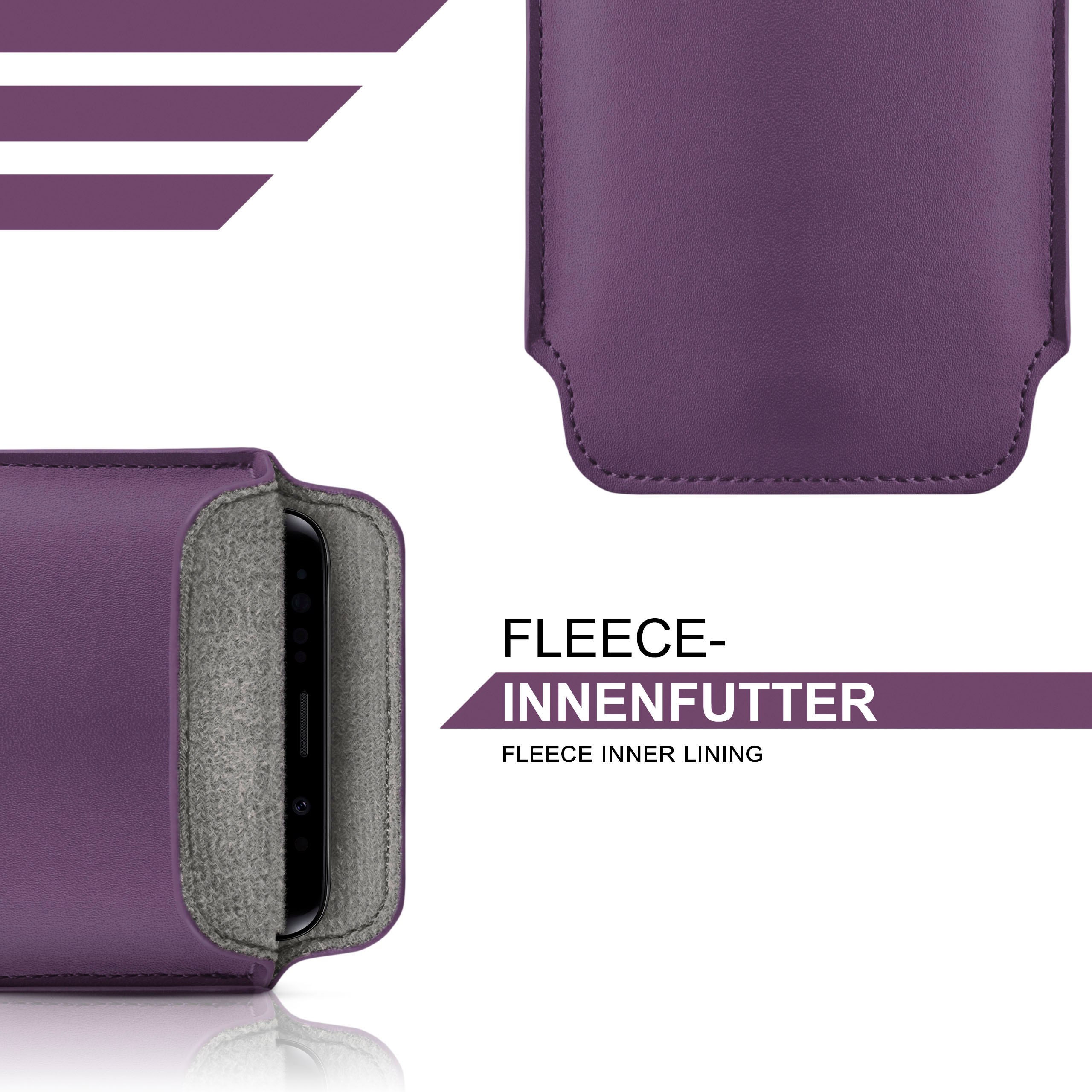 Eine lila Handyhülle mit grauem Fleece-Innenfutter, Produktdetails und einer lila Grafik.