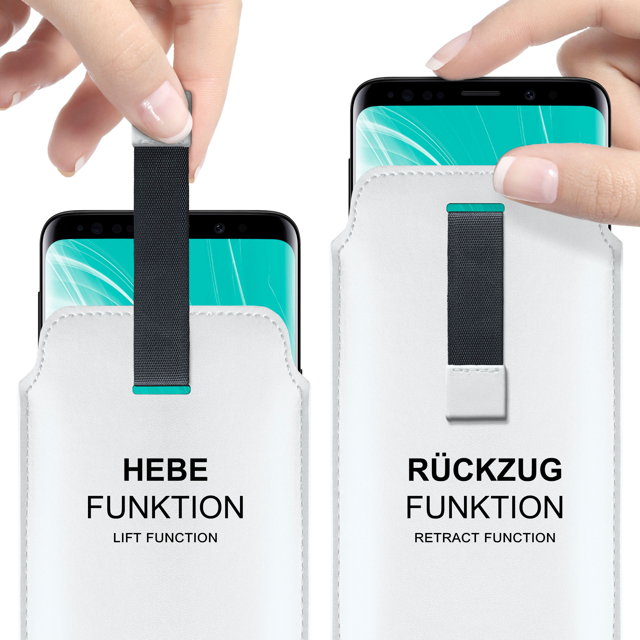 Zwei weiße Handyhüllen mit Hebe- und Rückzugsfunktion. Hände halten das Telefon.