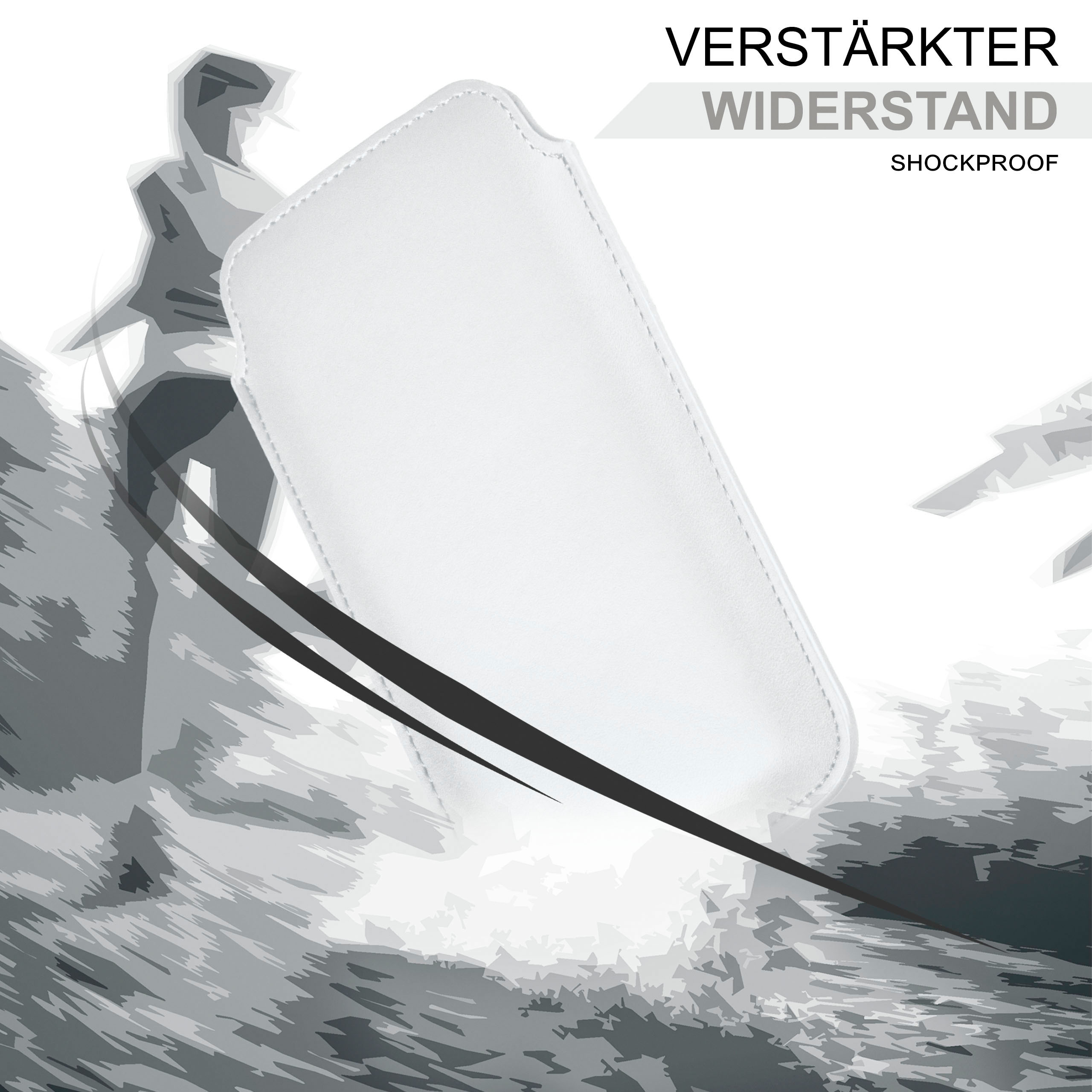 Eine weiße Handyhülle. Oben steht 'VERSTÄRKTER WIDERSTAND SHOCKPROOF'. Abstrakt grauer Hintergrund.