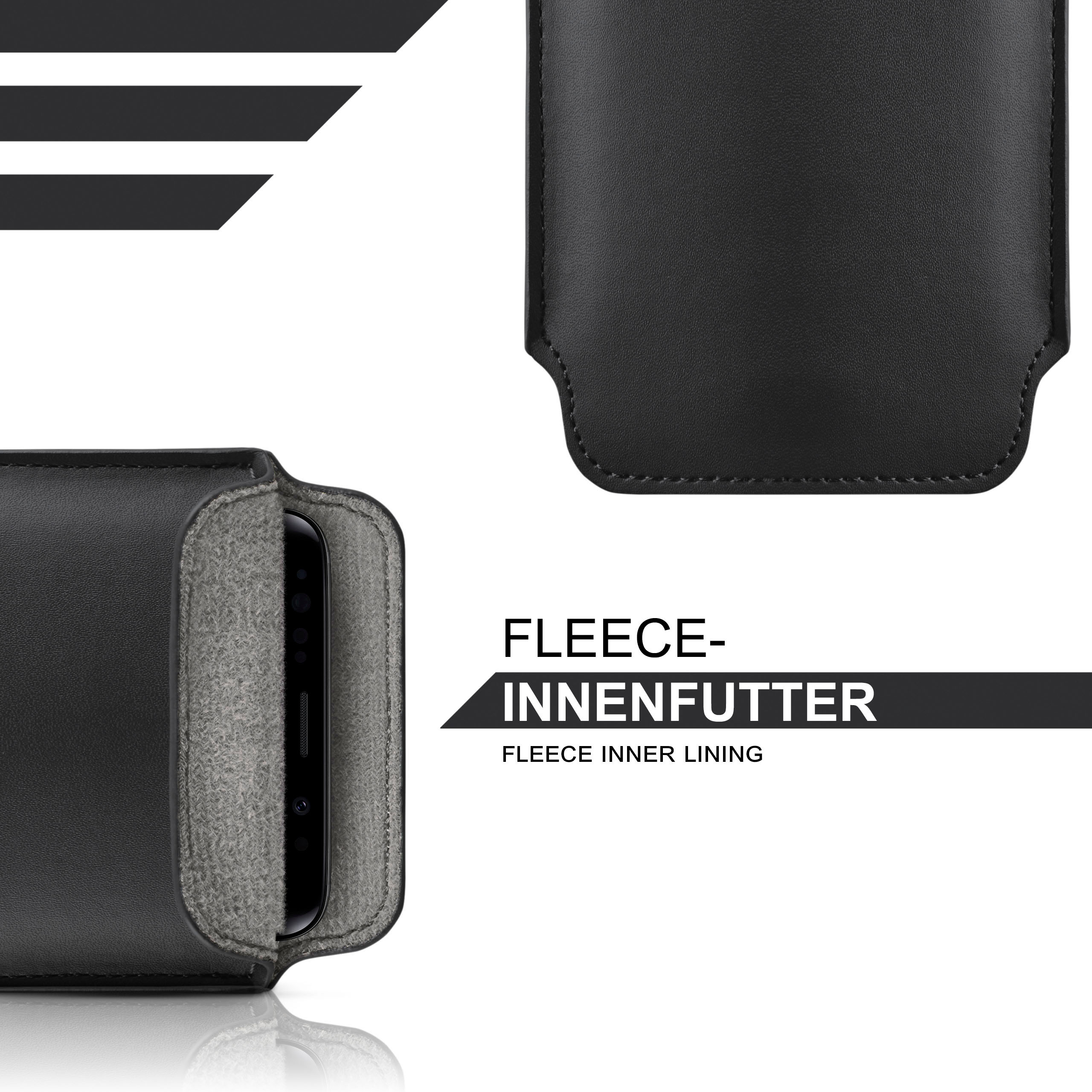 Nahaufnahme einer schwarzen Handyhülle mit weichem, grauem Innenfutter. Schwarze Lederstruktur.