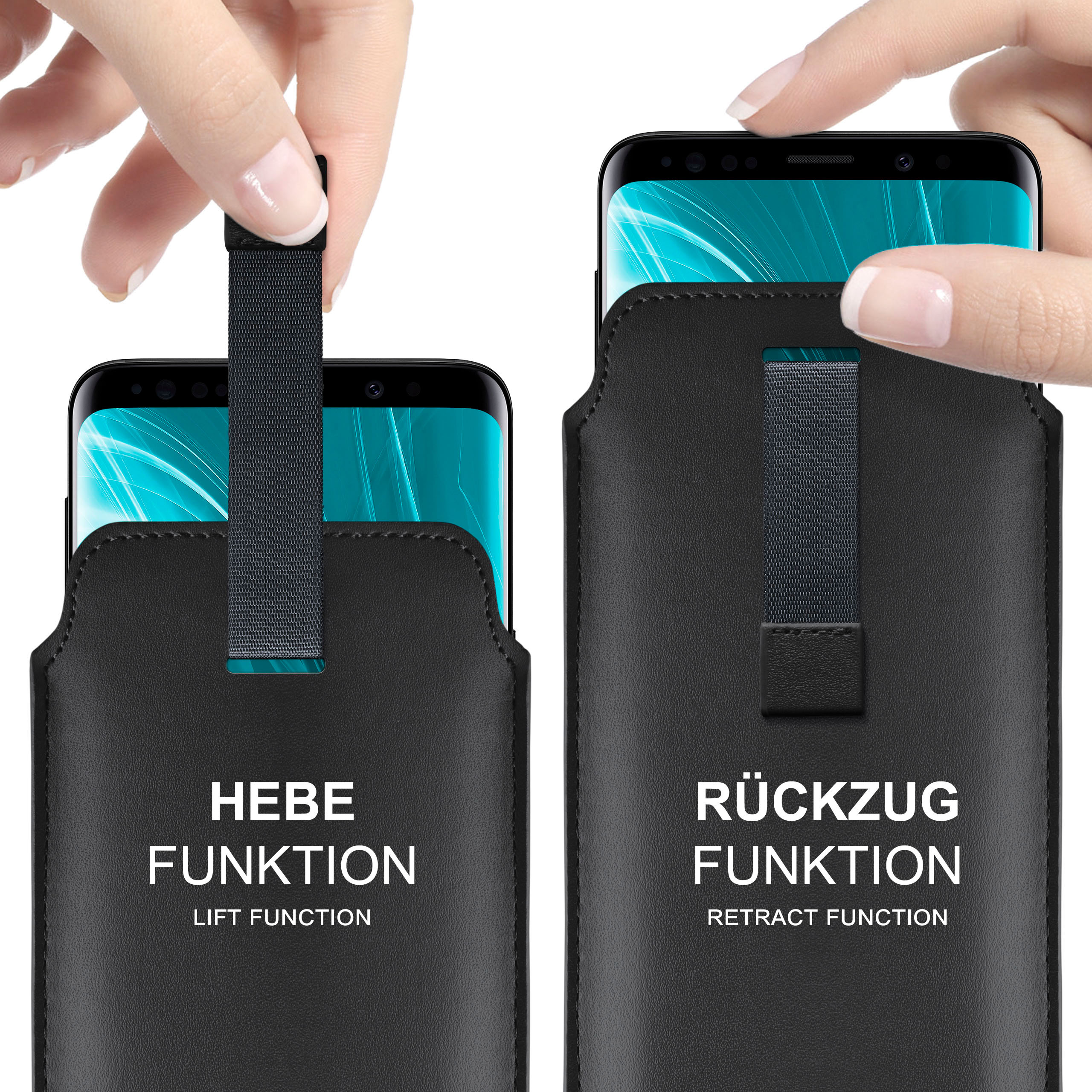 Zwei schwarze Handyhüllen, eine zeigt Hebe-, die andere Rückzugsfunktion.