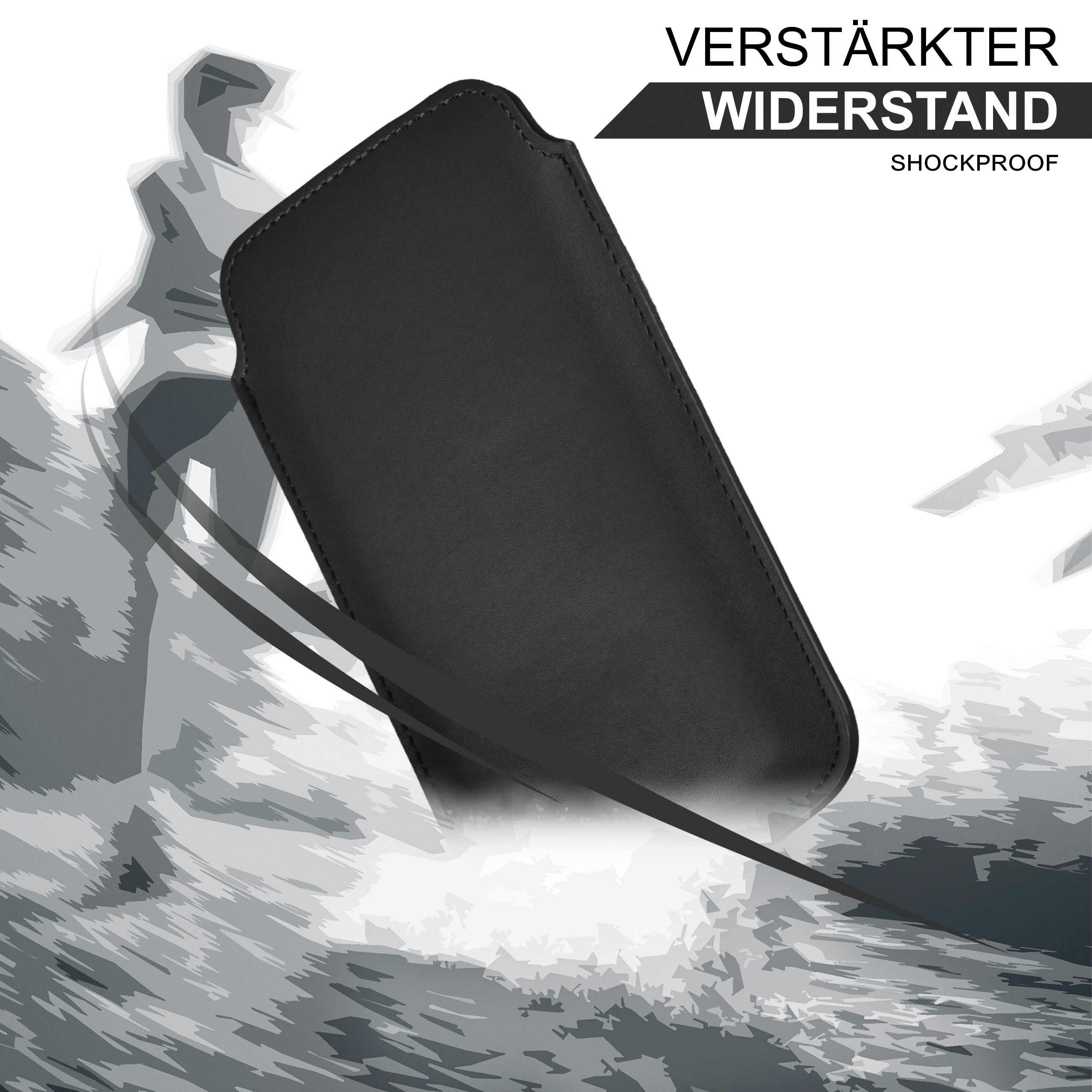 Schwarze Handyhülle mit strukturierter Oberfläche. Text: VERSTÄRKTER WIDERSTAND. Stoßfest.