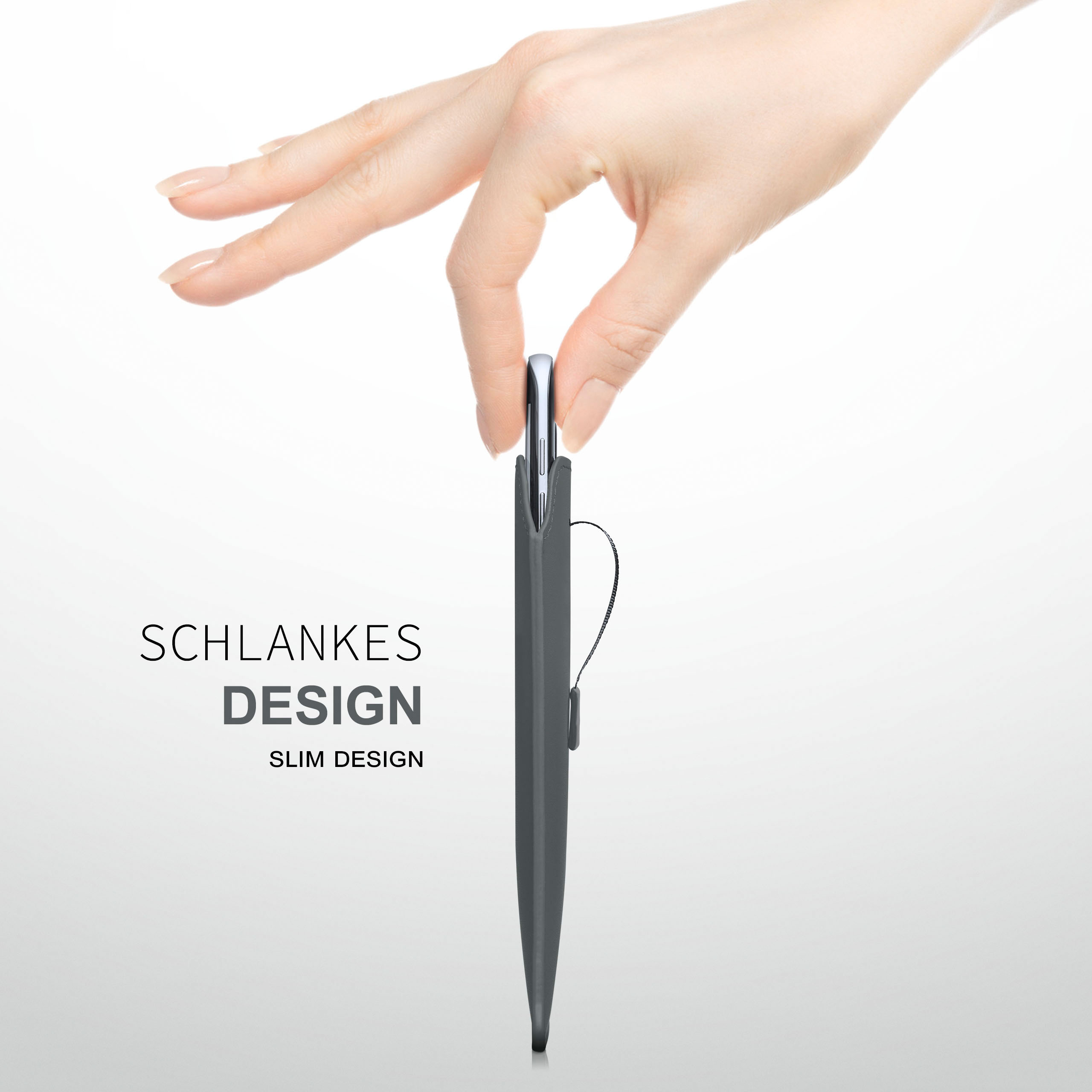 Hand hält ein Telefon in einer grauen Hülle. Text: SCHLANKES DESIGN, SLIM DESIGN.