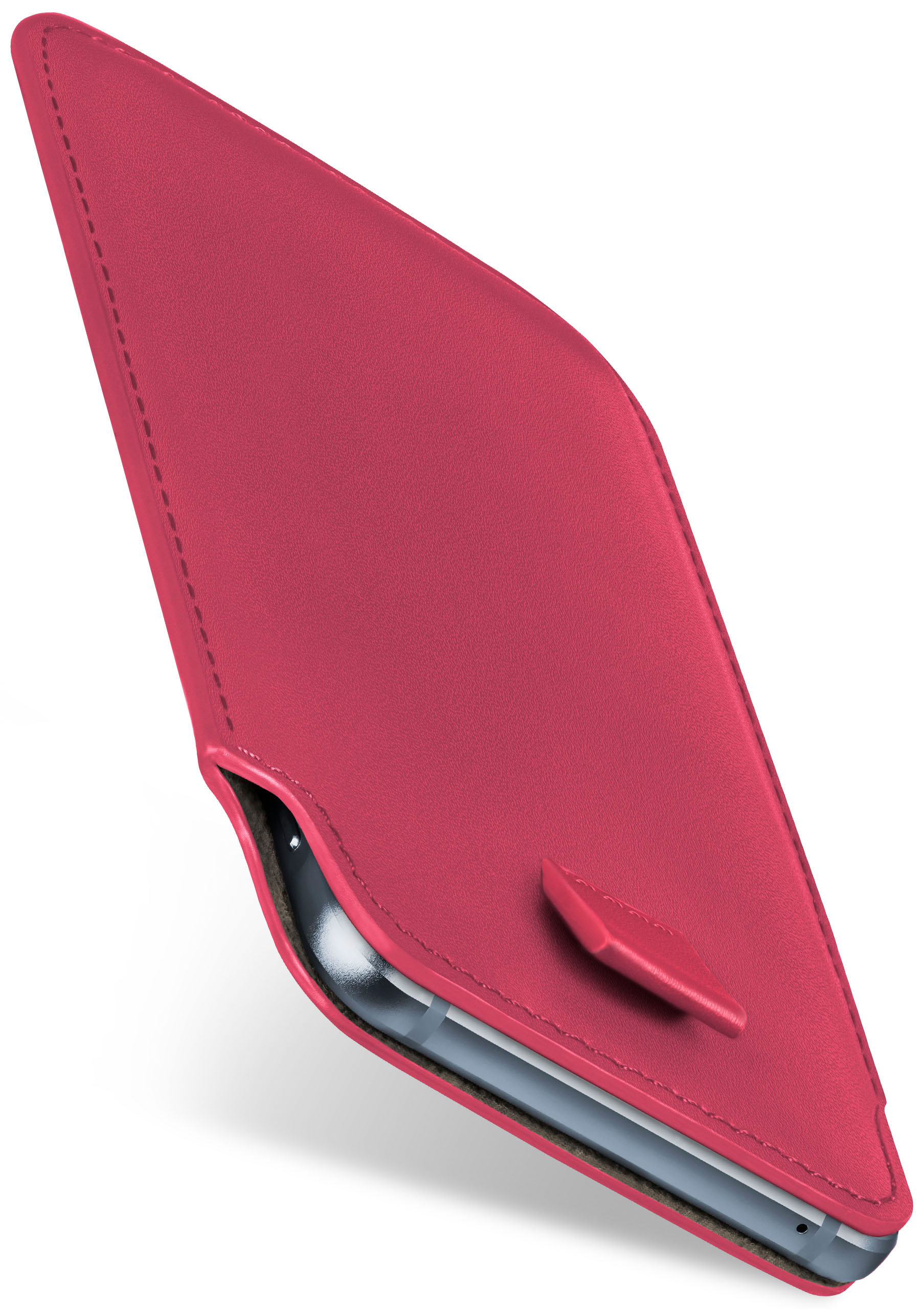 Rosa Handyhülle mit kleiner Klappe. Telefon teilweise sichtbar. Weißer Hintergrund, schräge Ansicht.