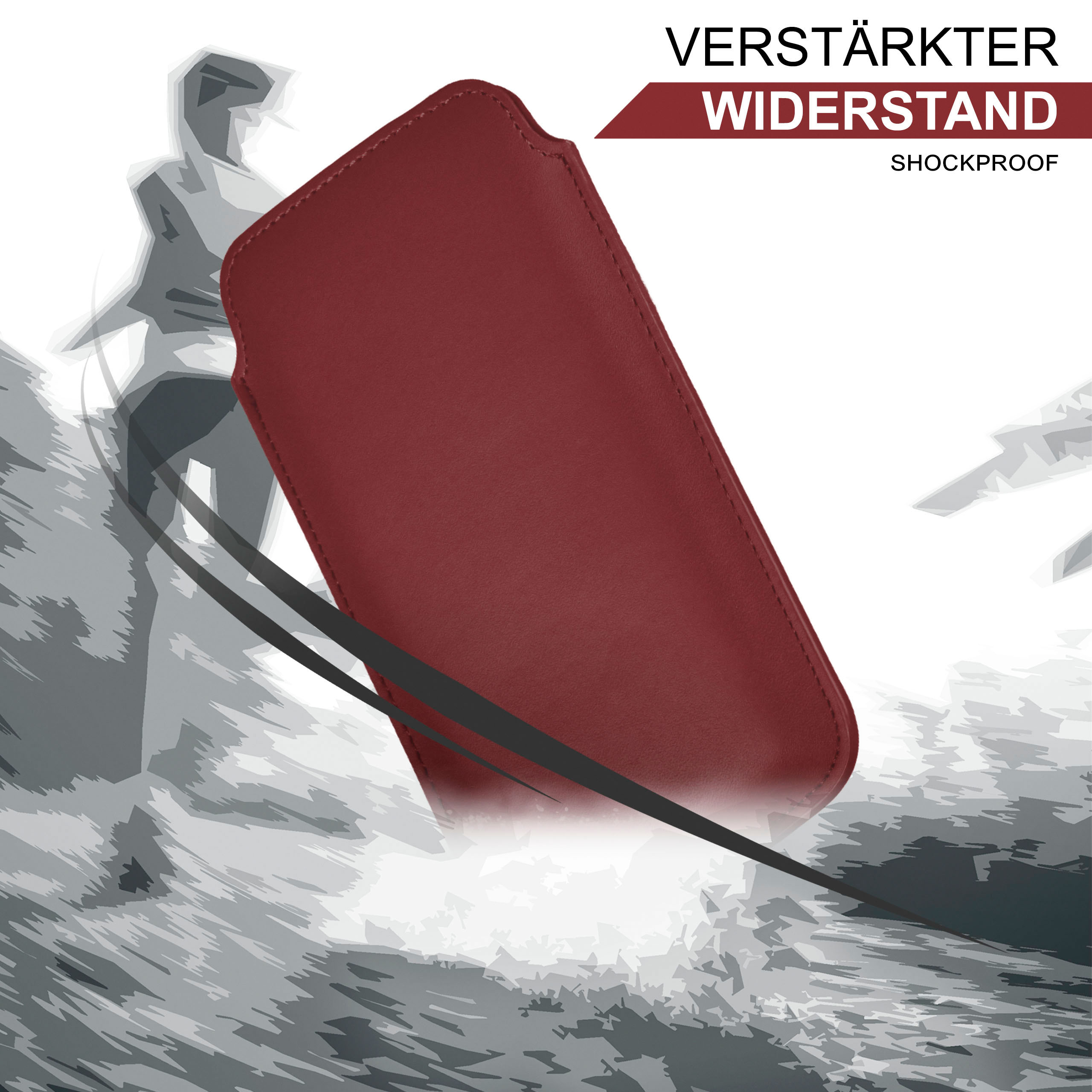 Eine rote Handyhülle. Oben steht 'VERSTÄRKTER WIDERSTAND SHOCKPROOF'. Abstrakt grauer Hintergrund.